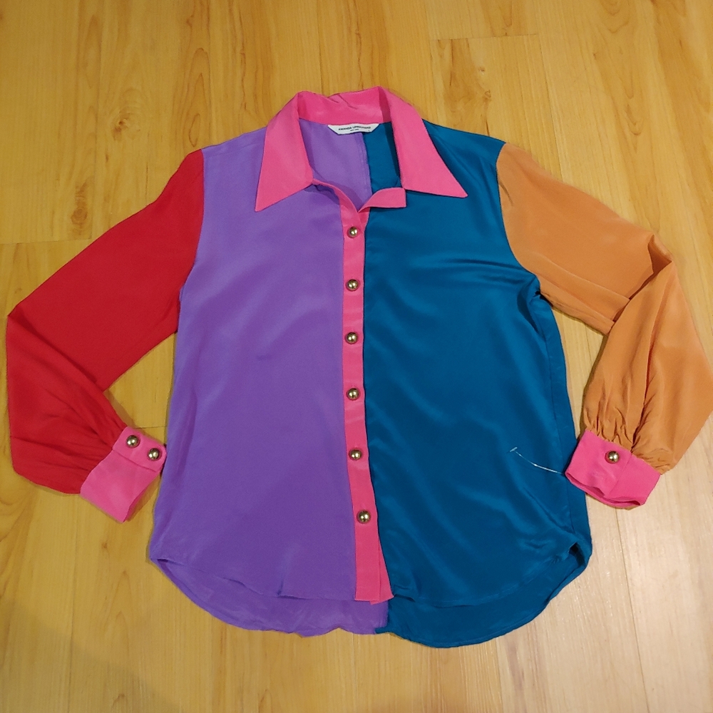 amanda uprichard Colorblock Button Up Long Sleeve Blouse Women's Sz S 100% Silk